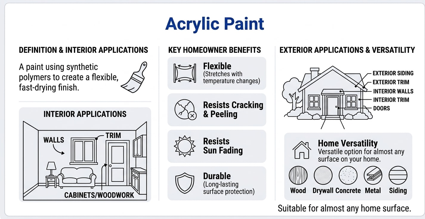 Acrylic Paint infographic showing water-based formula benefits, fast dry time, low VOC, durability on interior walls, exterior siding, trim, wood, drywall, and masonry, plus application tips for brush, roller, and spray