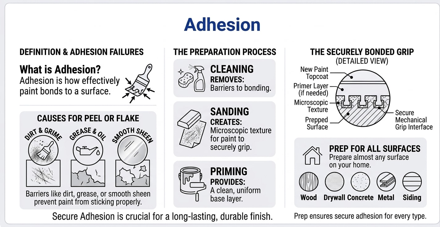 Adhesion infographic showing how paint bonds to surfaces, causes of peeling and flaking including contamination and skipped primer, surface preparation steps of cleaning, sanding, and priming, and compatibility across drywall, wood, metal, masonry, and previously painted surfaces
