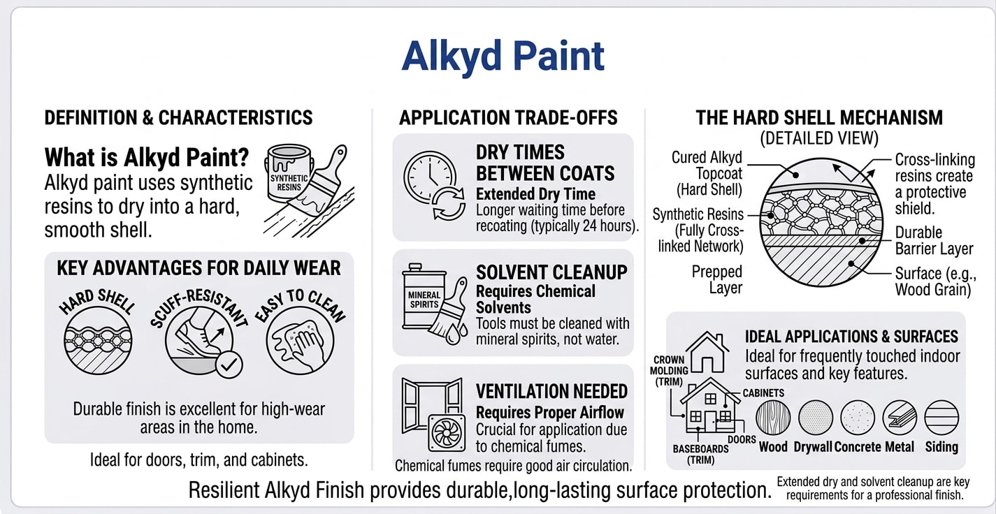 Alkyd Paint infographic showing oil-based formula properties, hard shell finish mechanism, high-gloss durability, longer dry times and solvent-based cleanup trade-offs, and ideal surfaces including interior trim, doors, cabinets, metal railings, and high-traffic woodwork