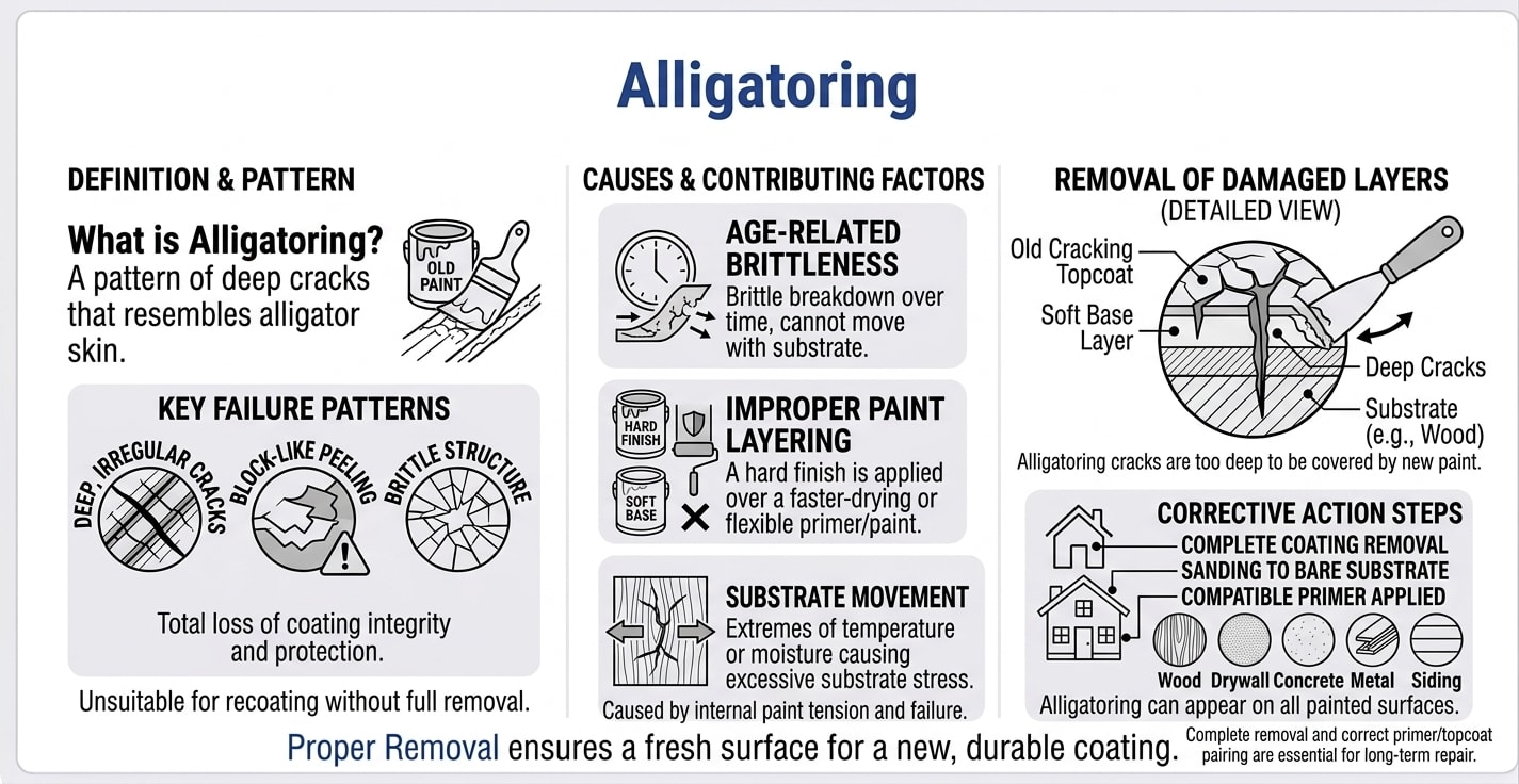 Alligatoring infographic showing cracked reptile-scale paint failure pattern, causes including incompatible paint layers, lack of primer, applying oil-based over latex, and paint film brittleness from age, plus corrective steps of stripping damaged layers, priming, and repainting