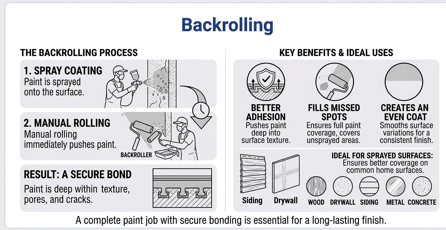 Backrolling infographic showing the two-step process of spray coating followed by manual rolling, key benefits including better adhesion and even coat, and ideal surfaces such as siding, drywall, wood, metal, and concrete