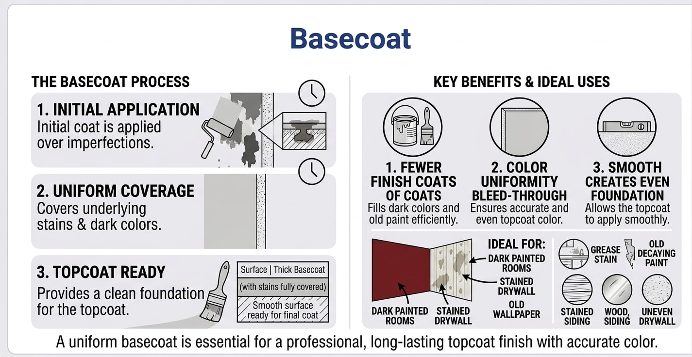 Basecoat infographic showing the three-step basecoat process — initial application, uniform coverage, and topcoat ready — plus key benefits including fewer finish coats, color uniformity, and smooth foundation, with ideal use cases such as dark painted rooms, stained drywall, and old wallpaper
