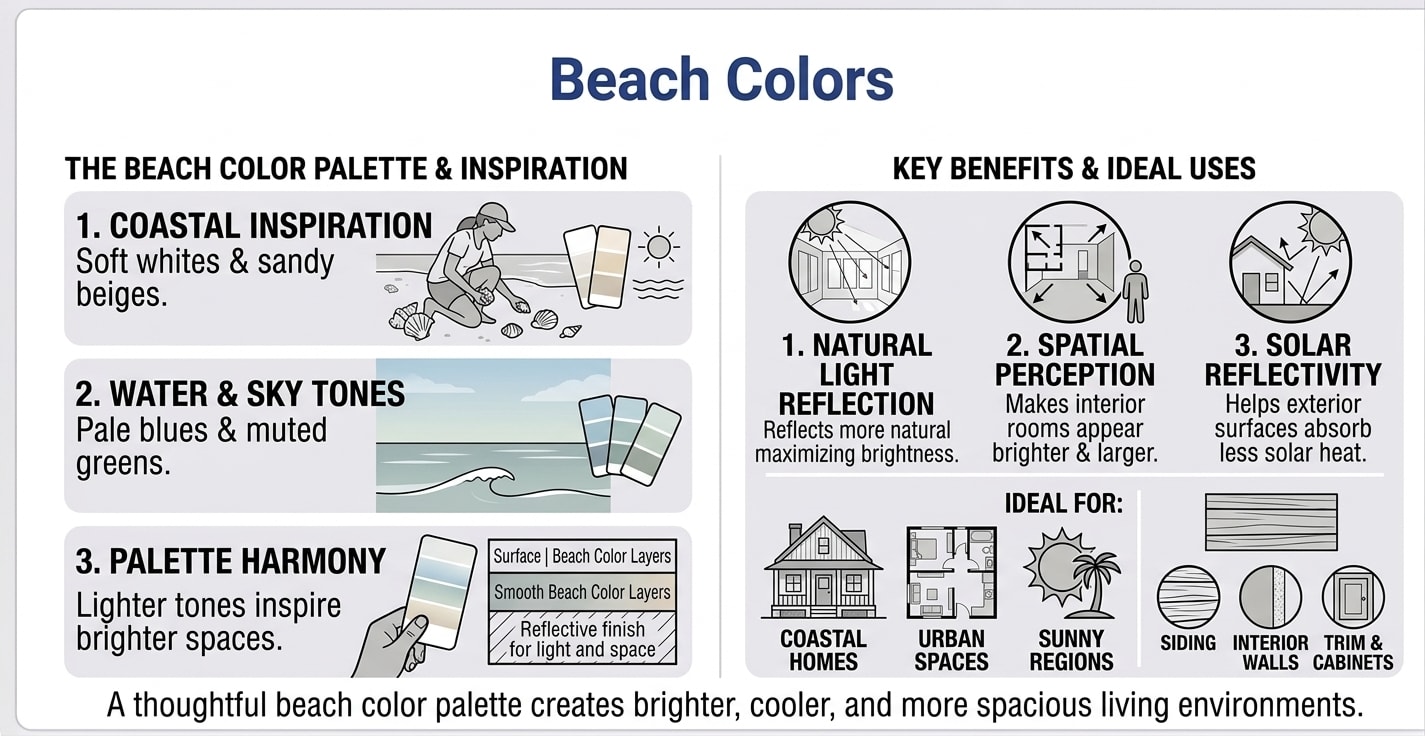 Beach Colors infographic showing the coastal palette and inspiration sources — soft whites, sandy beiges, pale blues, and muted greens — plus key benefits including natural light reflection, spatial perception, and solar reflectivity, with ideal uses for coastal homes, urban spaces, sunny regions, siding, interior walls, and trim