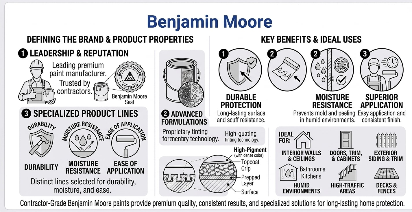 Benjamin Moore infographic showing premium paint brand overview, flagship product lines Aura and Regal Select, proprietary Color Lock tinting technology for color accuracy and fade resistance, key benefits of durable protection and moisture resistance, and ideal uses for interior walls, exterior siding, trim, cabinets, high-traffic areas, and humid environments