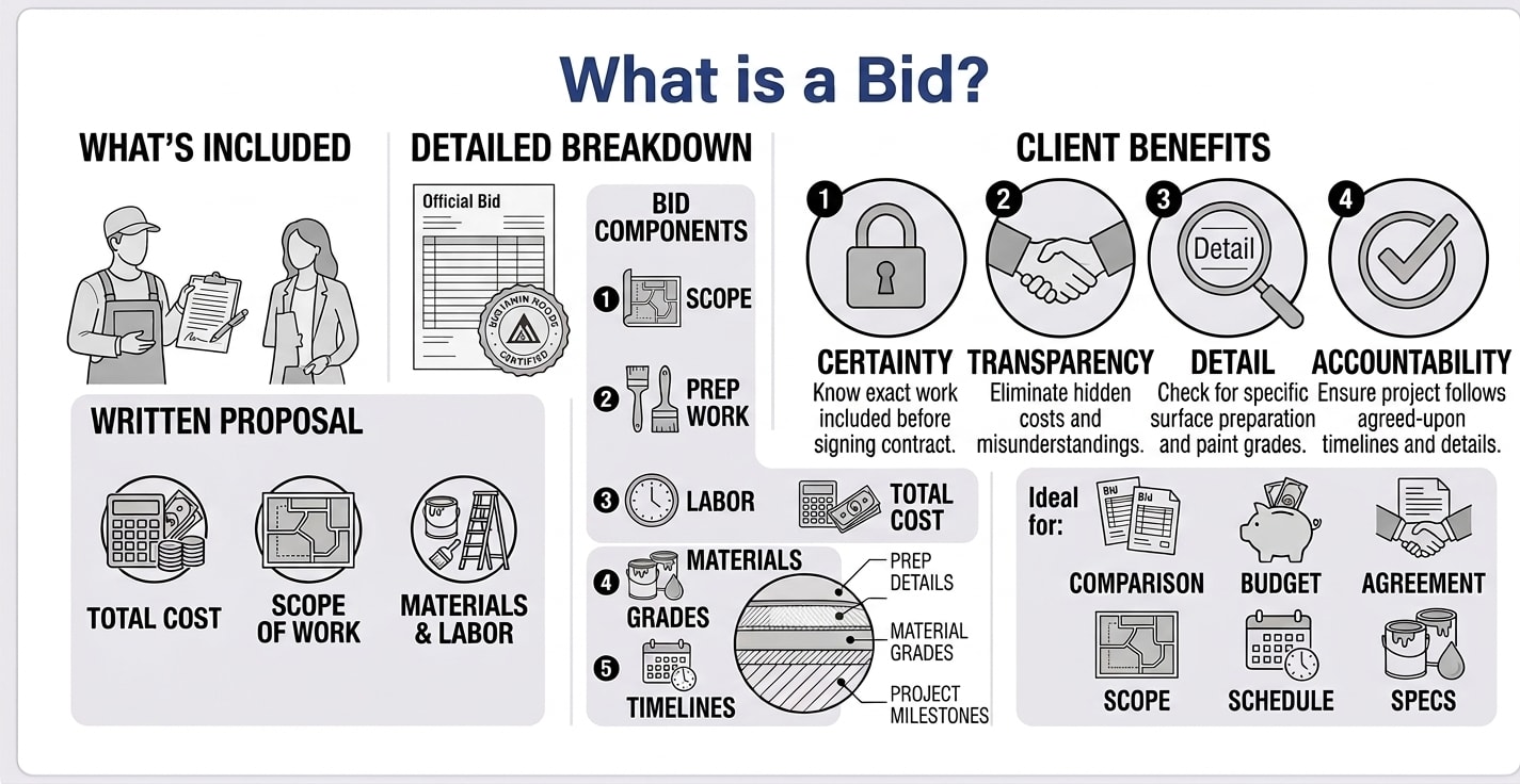 Bid infographic showing what's included in a written proposal — total cost, scope of work, materials and labor — plus five bid components (scope, prep work, labor, materials and grades, timelines), four client benefits (certainty, transparency, detail, accountability), and ideal uses including comparison, budget, agreement, scope, schedule, and specs