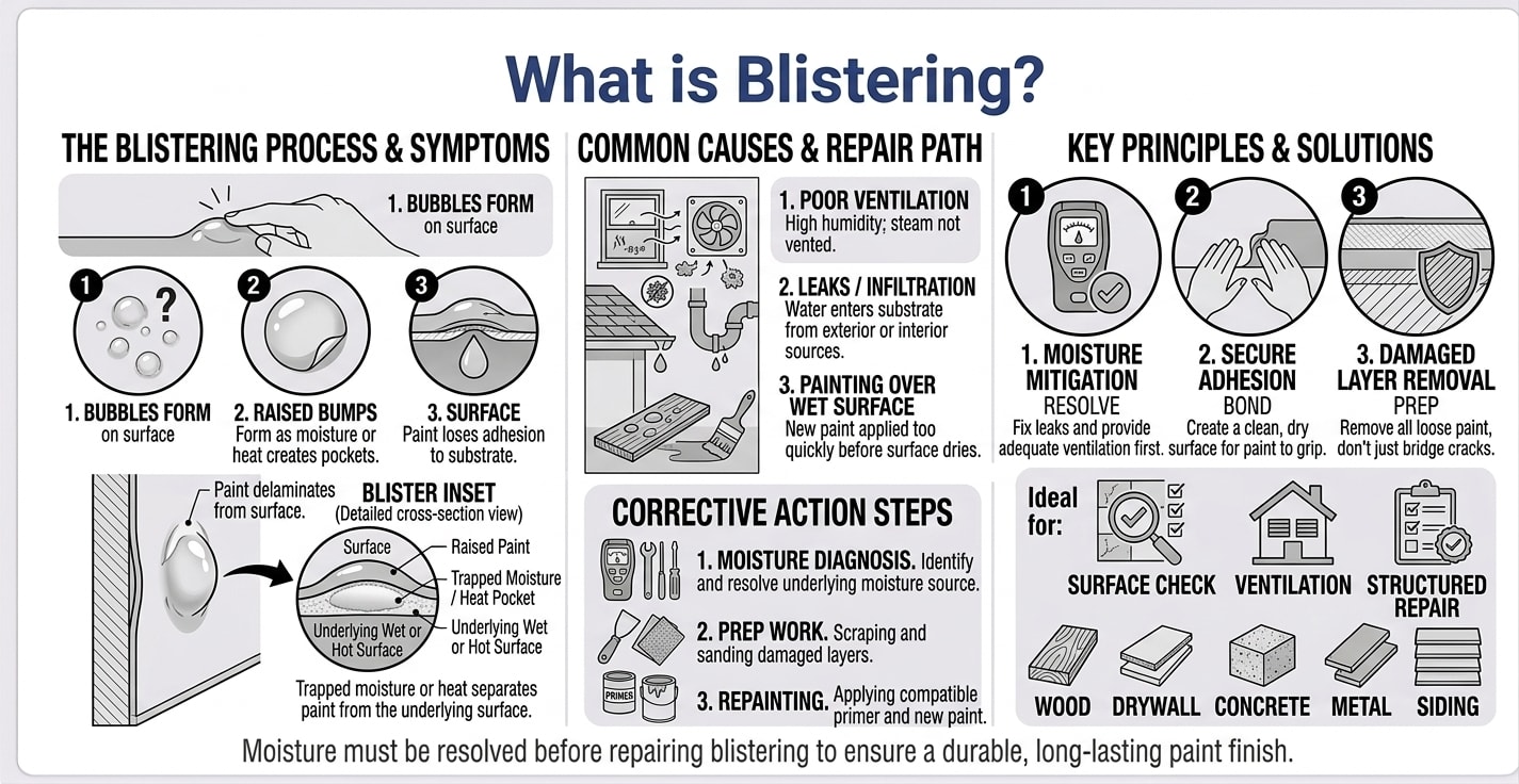 Blistering infographic showing the three-stage process — bubbles form, raised bumps develop, paint loses adhesion — plus common causes including poor ventilation, leaks and infiltration, and painting over wet surfaces, three corrective action steps of moisture diagnosis, prep work, and repainting, and ideal use cases for surface check, ventilation, and structured repair on wood, drywall, concrete, metal, and siding